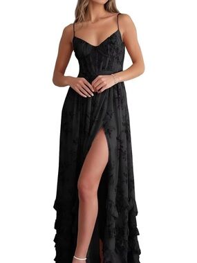 Black Floral Lace High-Slit Maxi Dress